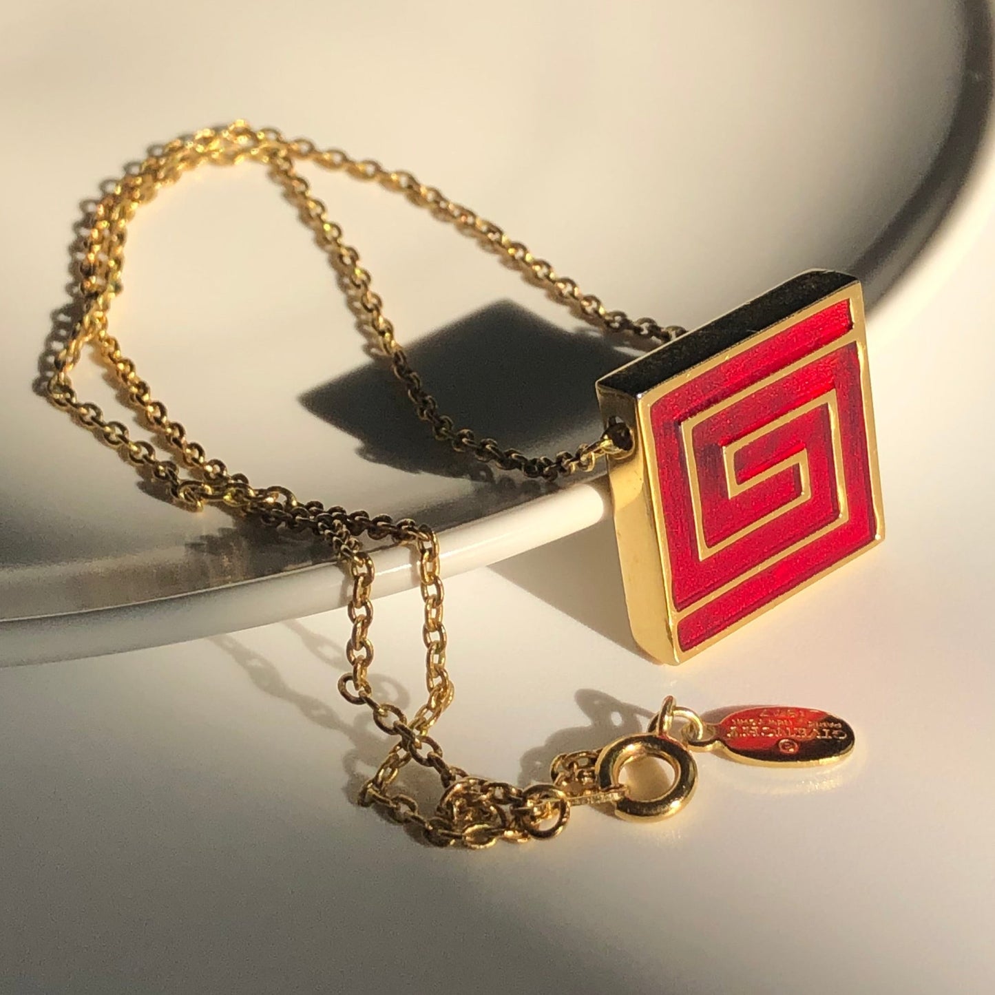 Vintage GIVENCHY necklace logo pendant red enamel