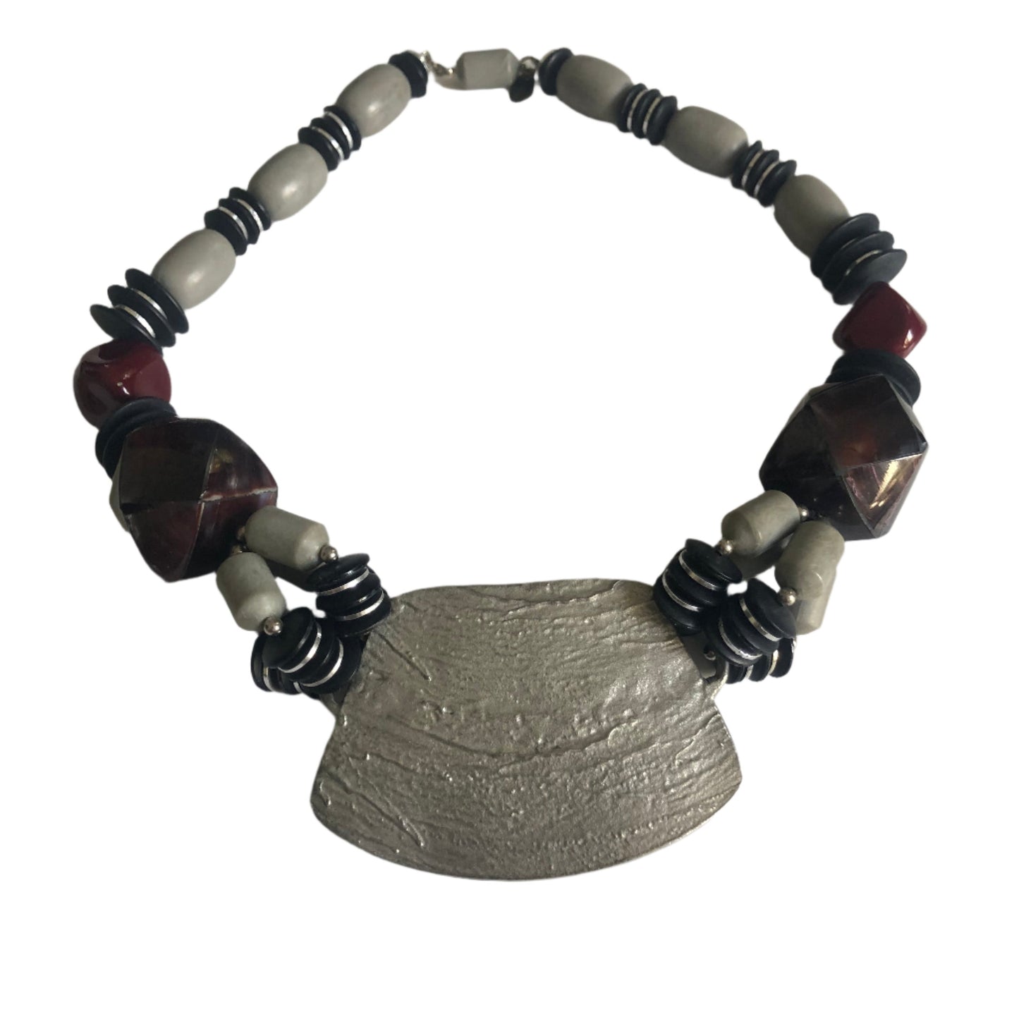 Vintage Les Bernard necklace large beads metal pendant