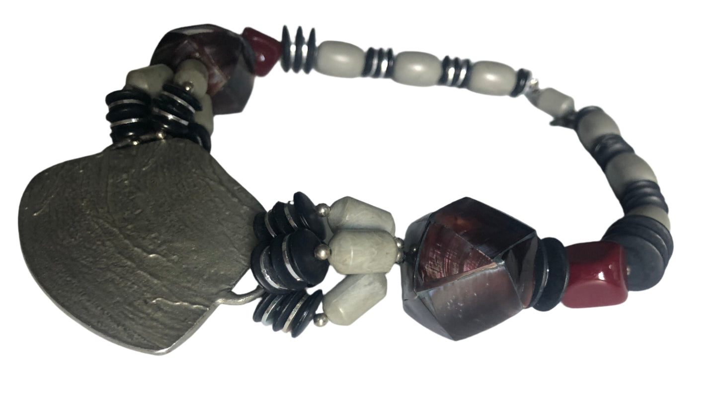 Vintage Les Bernard necklace large beads metal pendant