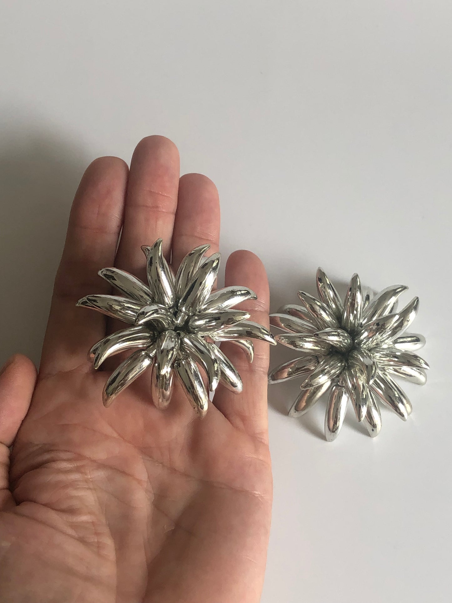 vintage earrings clip on silver tone plastic huge