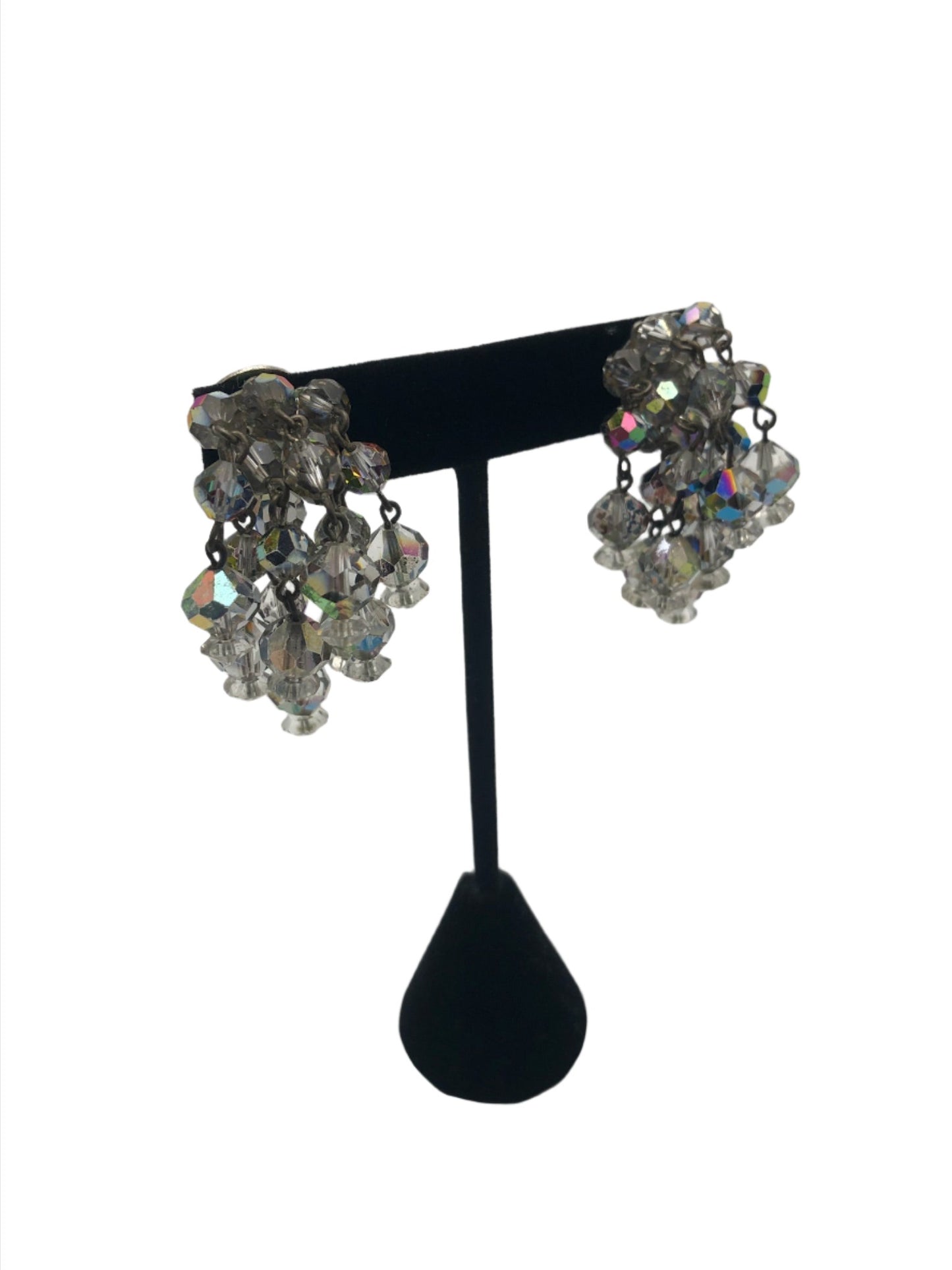 Vintage Cut Crystal Aurora Borealis Clip On Earrings