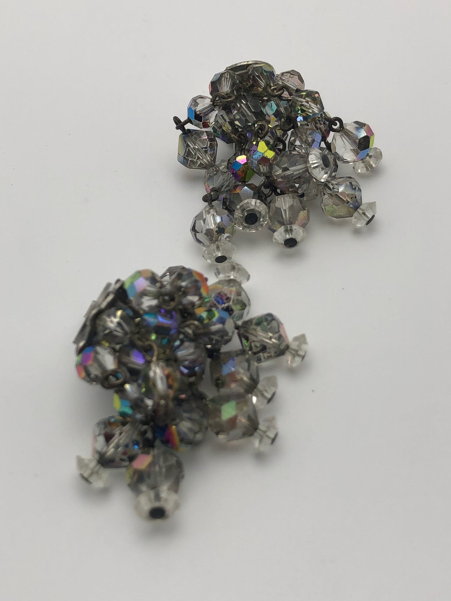 Vintage Cut Crystal Aurora Borealis Clip On Earrings