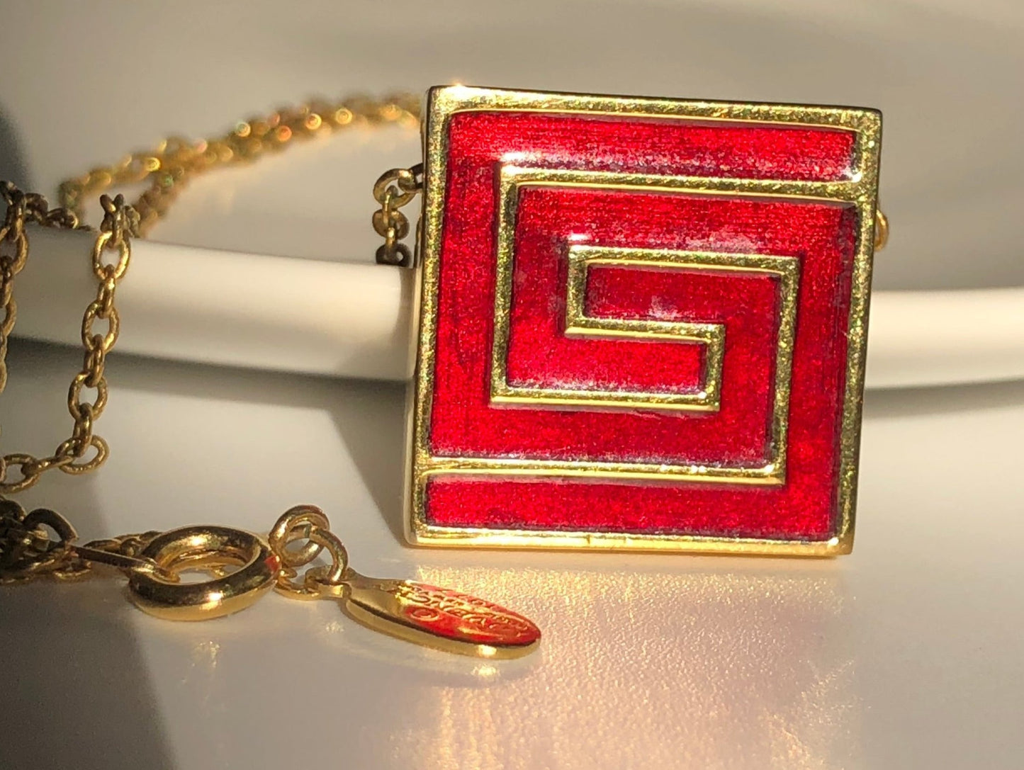 Vintage GIVENCHY necklace logo pendant red enamel