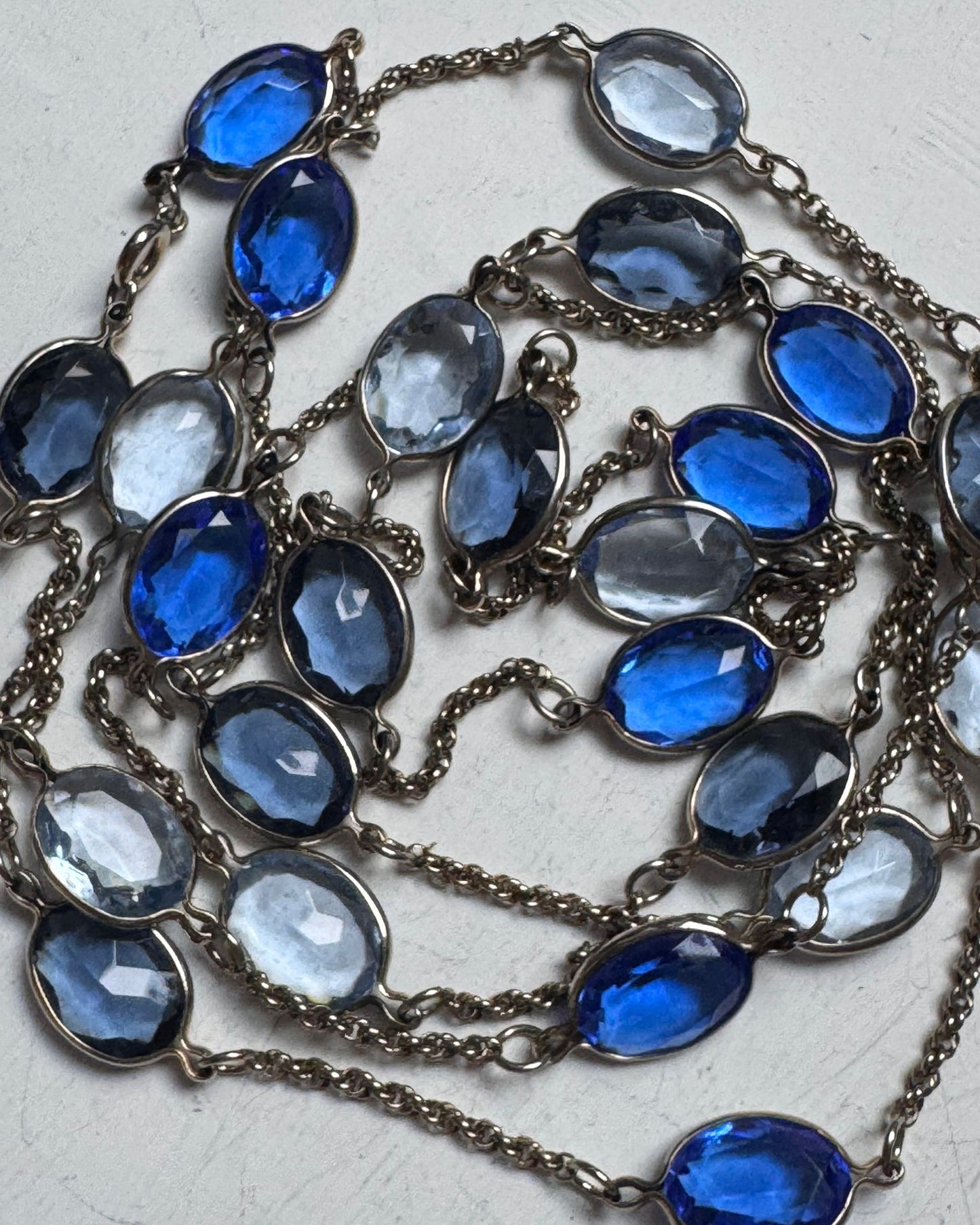 Art Deco necklace long sautoir cut blue crystal open back links