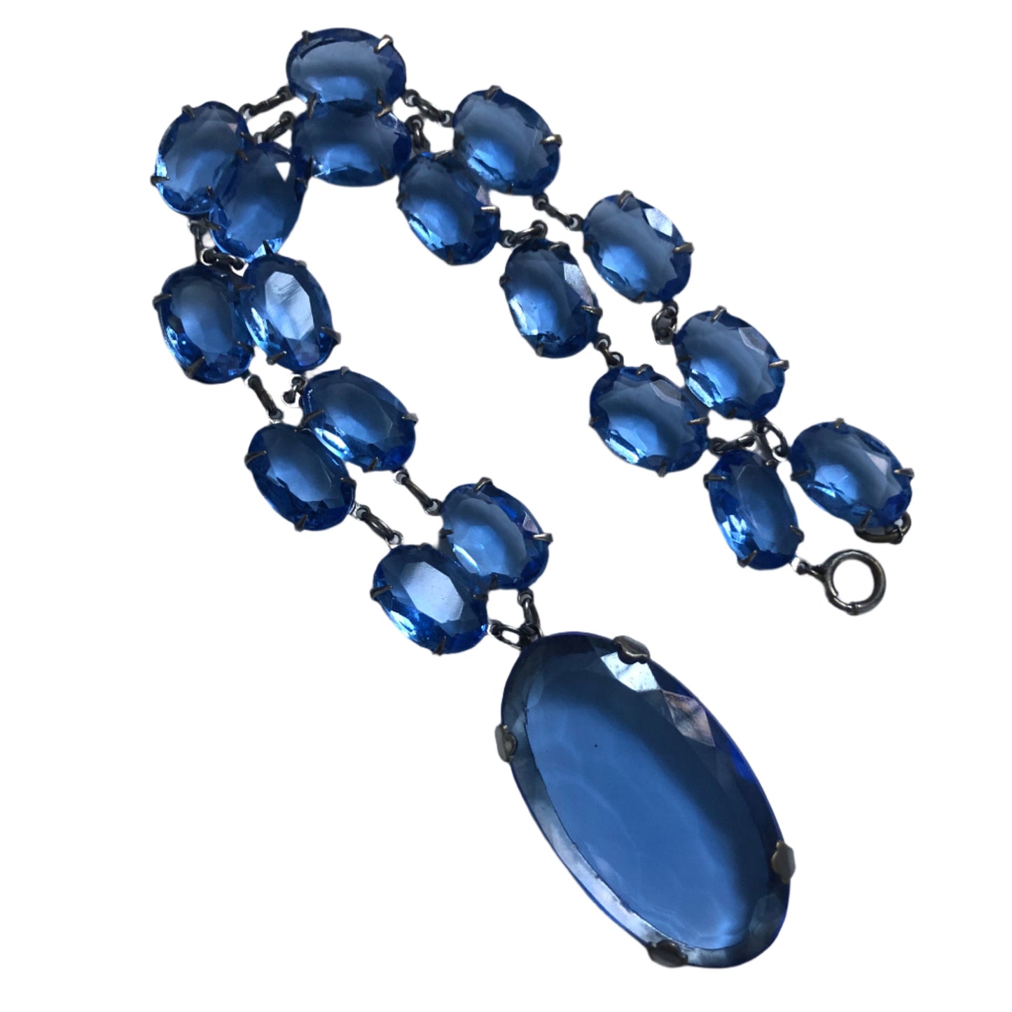 Art deco necklace open back crystal blue glass pendant