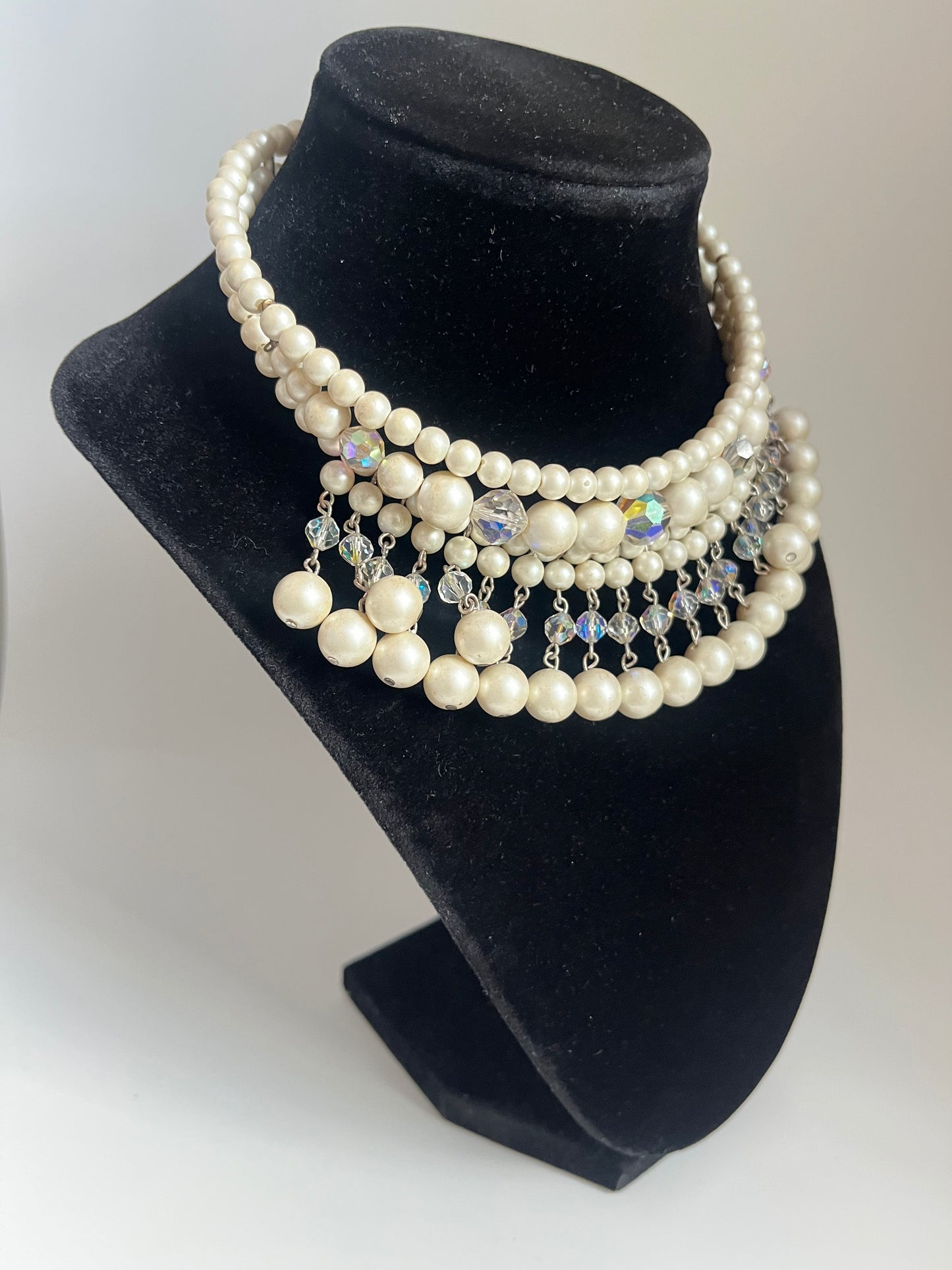 Vintage necklace choker statement faux pearl beads cut crystal 1950's