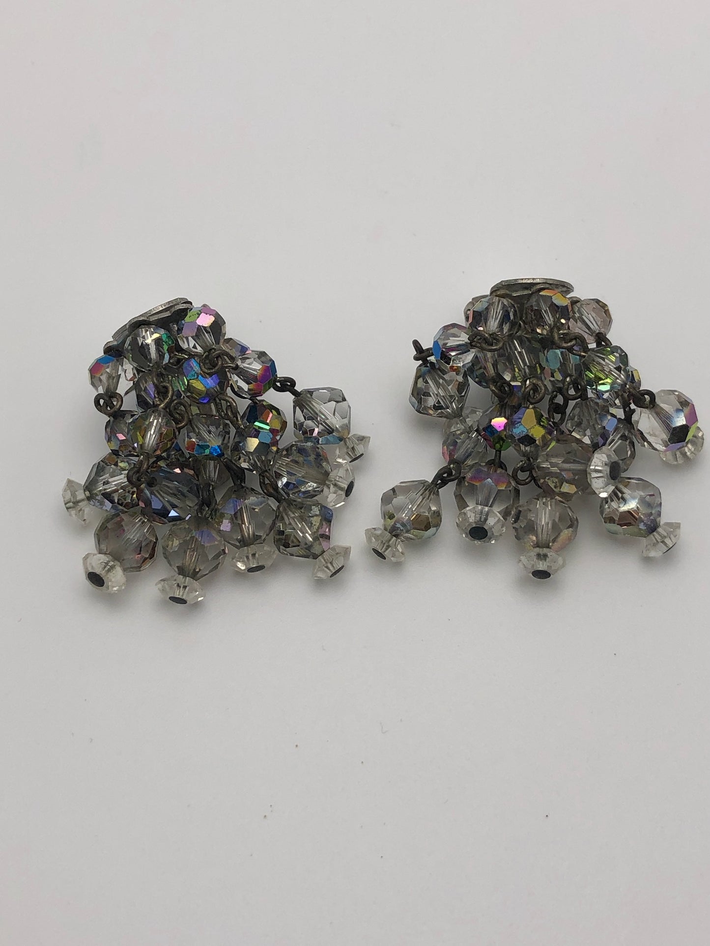 Vintage Cut Crystal Aurora Borealis Clip On Earrings