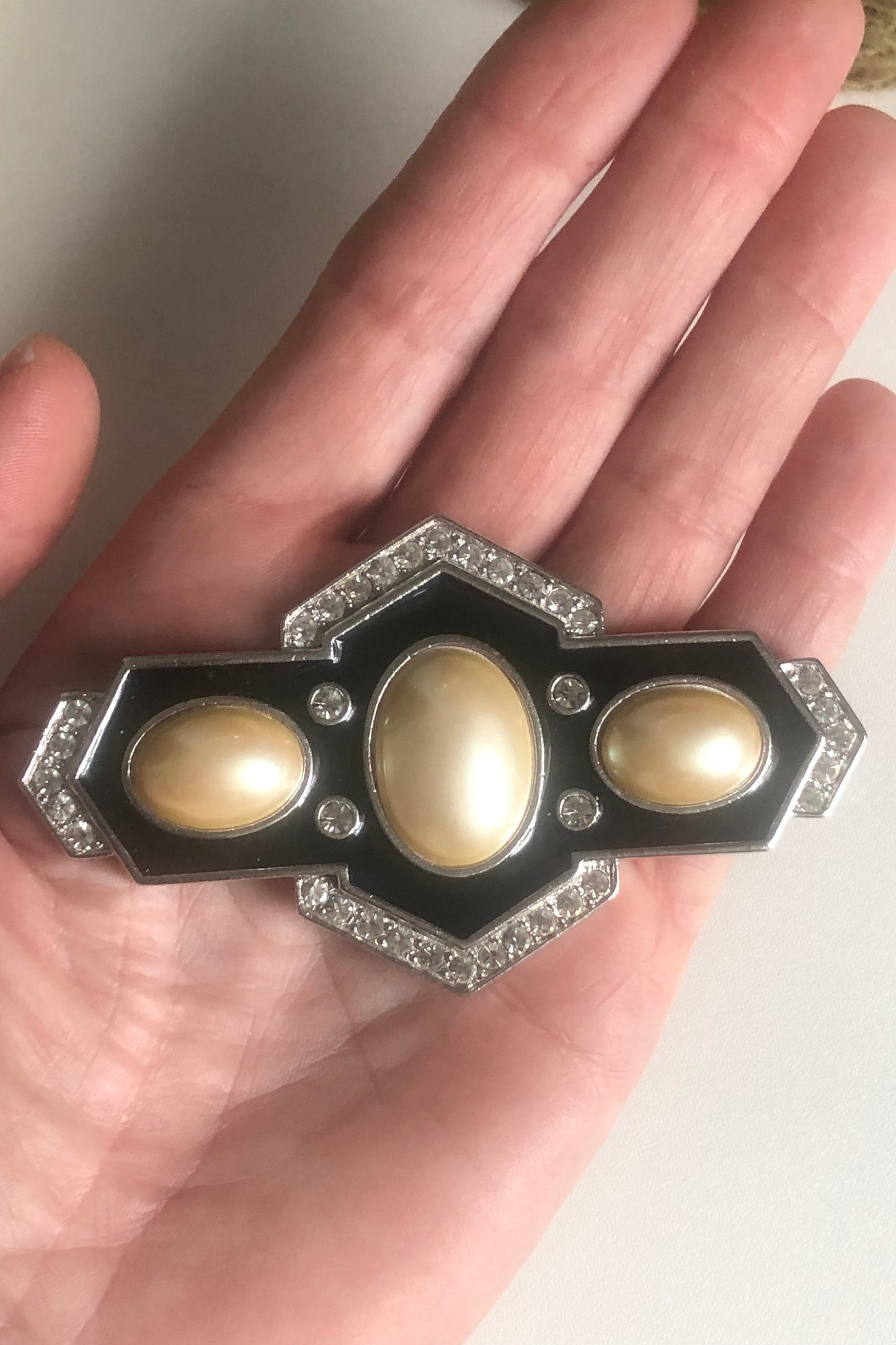 vintage Yves Saint Laurent brooch pearl cabochon enameler deco style