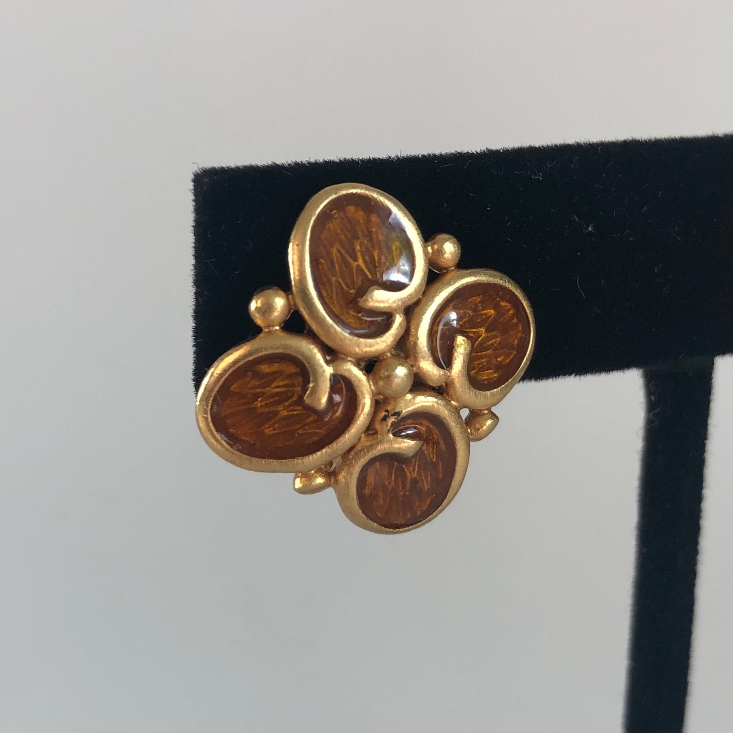 Vintage Oscar De La Renta earrings clip on logo brown enamel