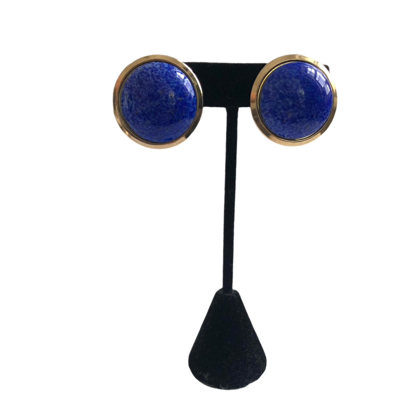 Vintage earrings clip on large blue art glass gold tone