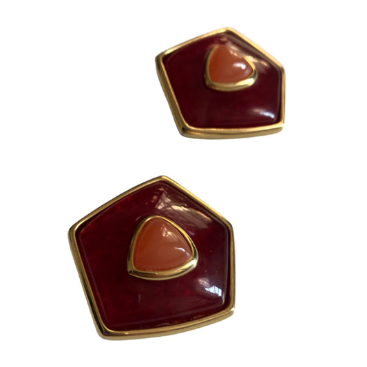 Vintage LES BERNARD  large earrings clip on red orange gripoix style