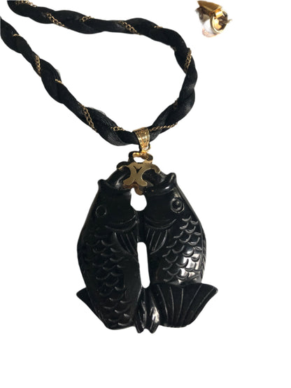 Vintage Les Bernard necklace pendant carved  glass zodiac pisces