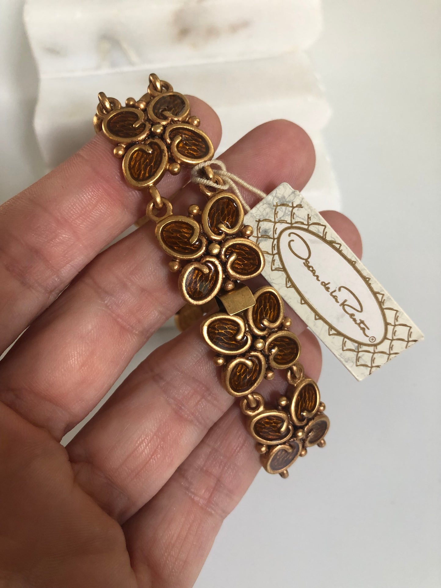 Vintage Oscar de La RENTA bracelet logo brown  enamel
