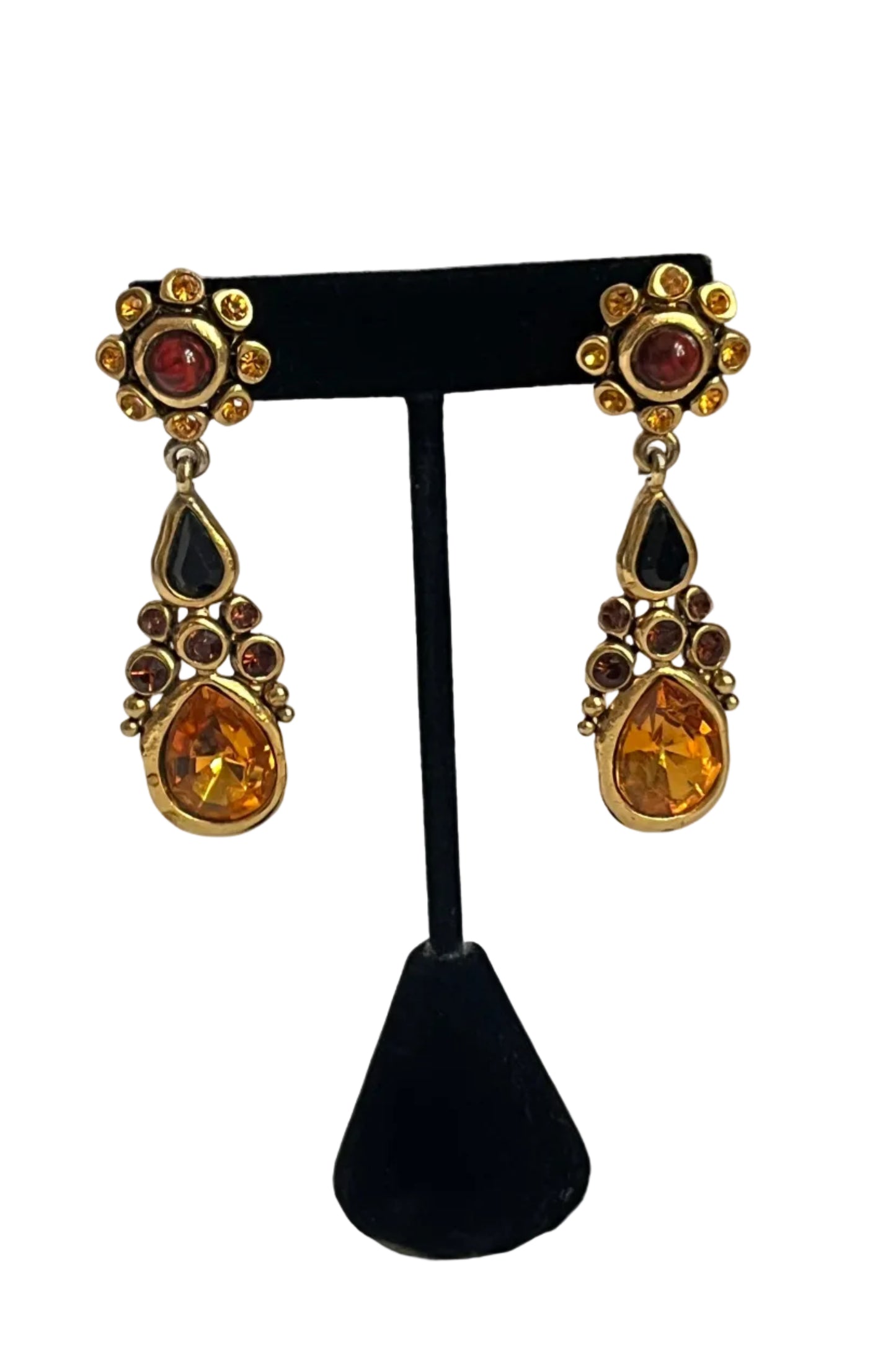 Vintage earrings clip on dangle yellow crystal