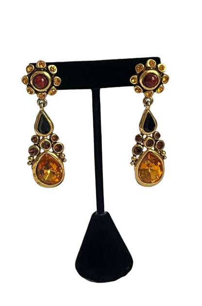 Vintage earrings clip on dangle yellow crystal