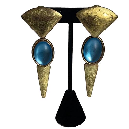 Vintage earrings clip on dangle blue lucite cabochon