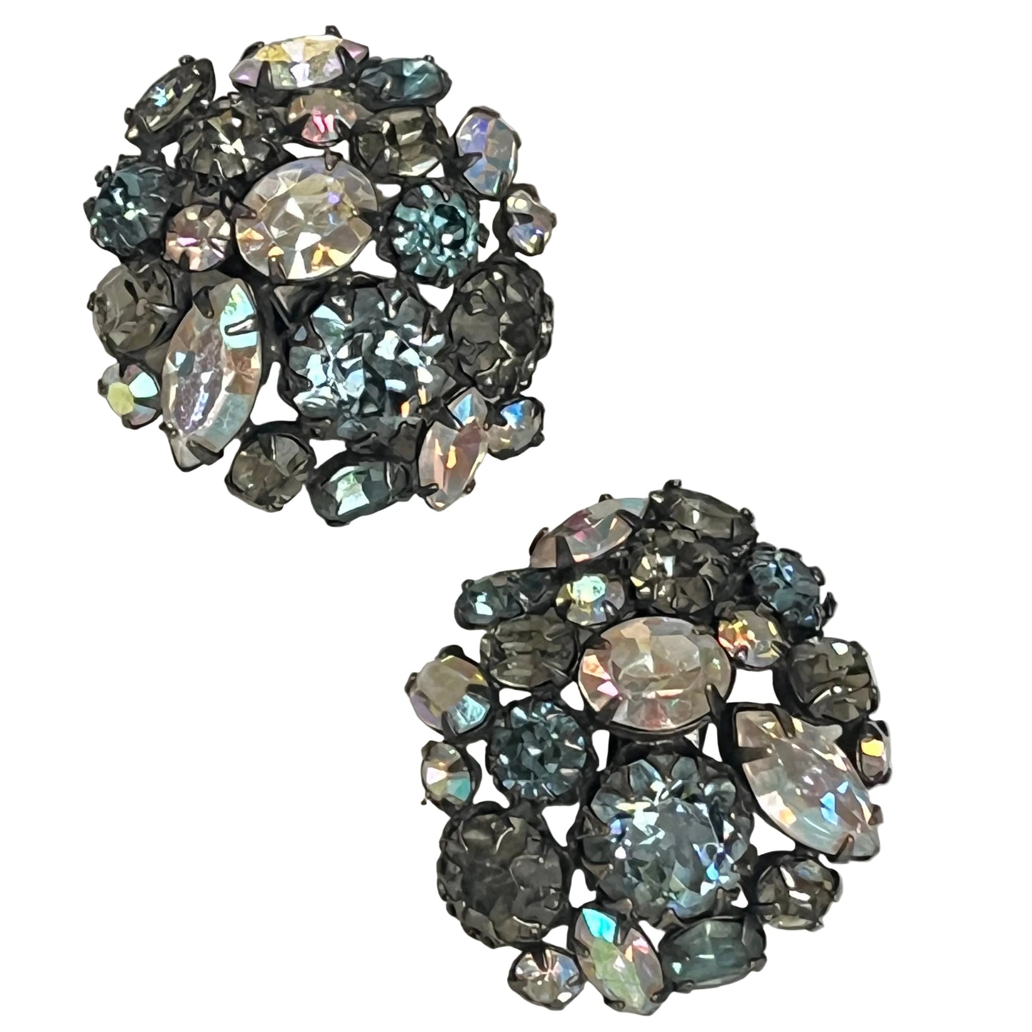 Vintage Schreiner earrings clip on ab crystal topaz 1960's