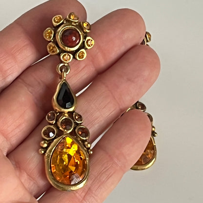 Vintage earrings clip on dangle yellow crystal