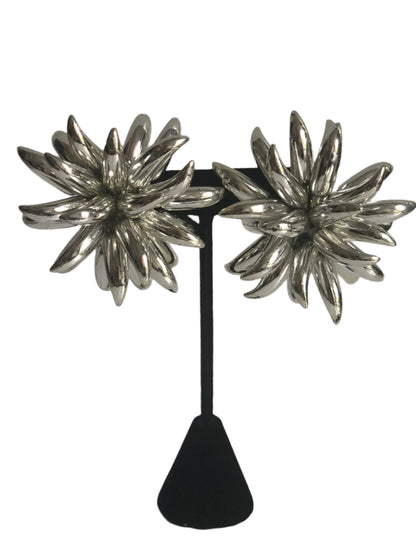vintage earrings clip on silver tone plastic huge