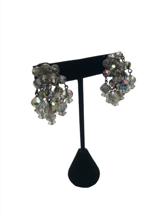 Vintage Cut Crystal Aurora Borealis Clip On Earrings