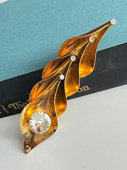 Vintage Les Bernard brooch leaf crystal