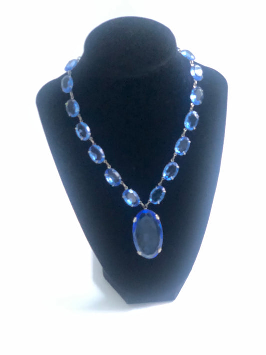 Art deco necklace open back crystal blue glass pendant