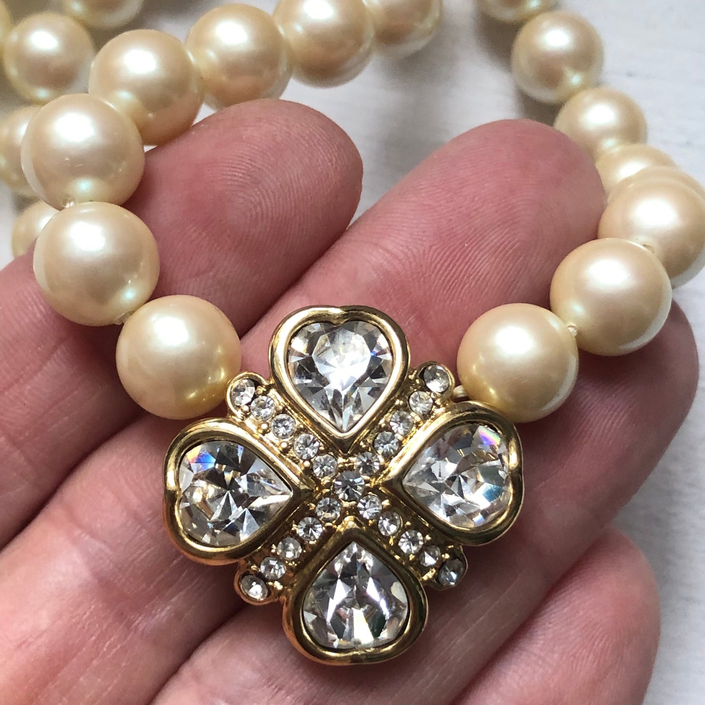 Vintage Monet faux pearl beads clover crystal