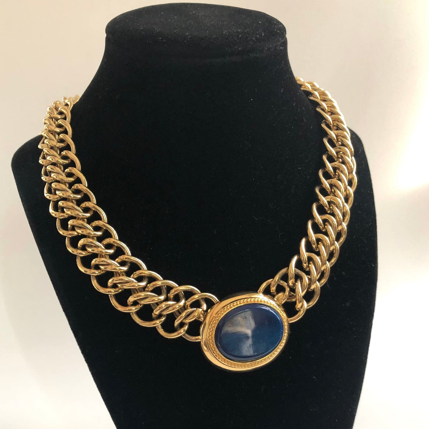 Vintage Monet necklace double chain blue art glass
