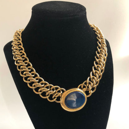 Vintage Monet necklace double chain blue art glass