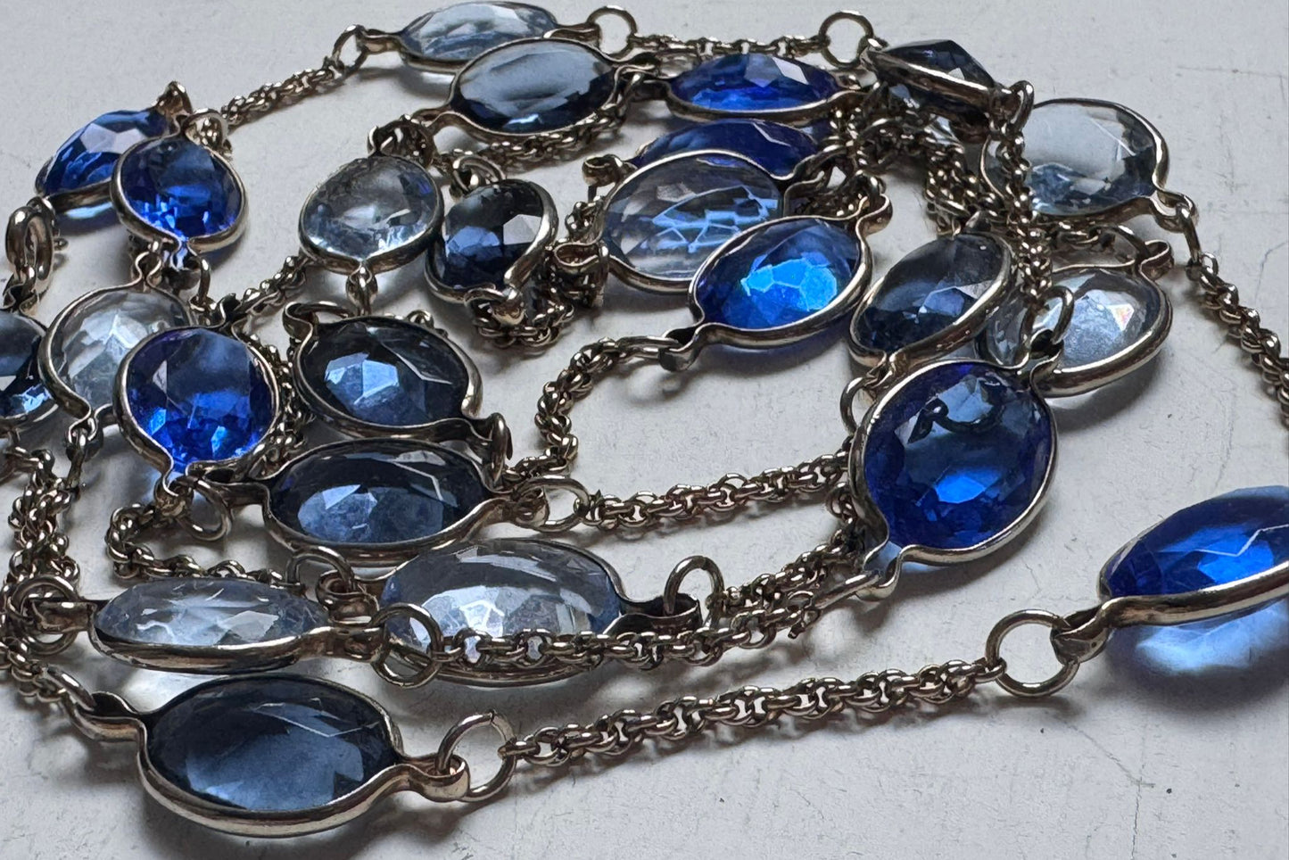 Art Deco necklace long sautoir cut blue crystal open back links