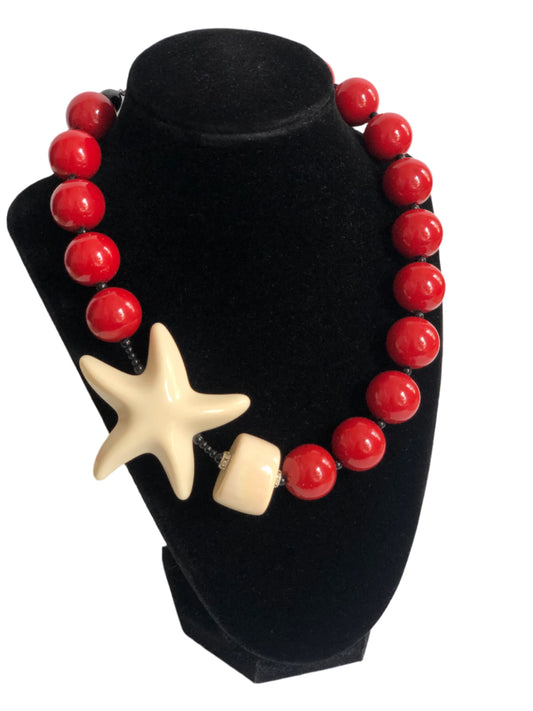 Angela Caputi necklace large red beads resin plastic starfish Italy