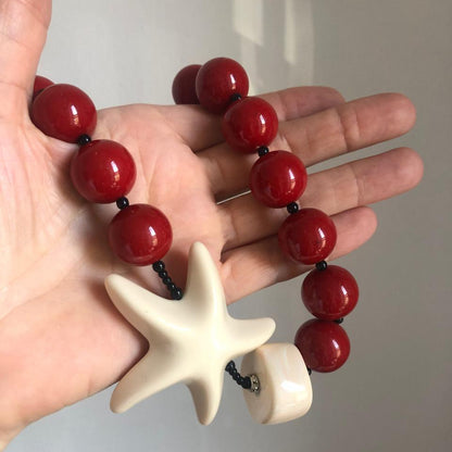 Angela Caputi necklace large red beads resin plastic starfish Italy