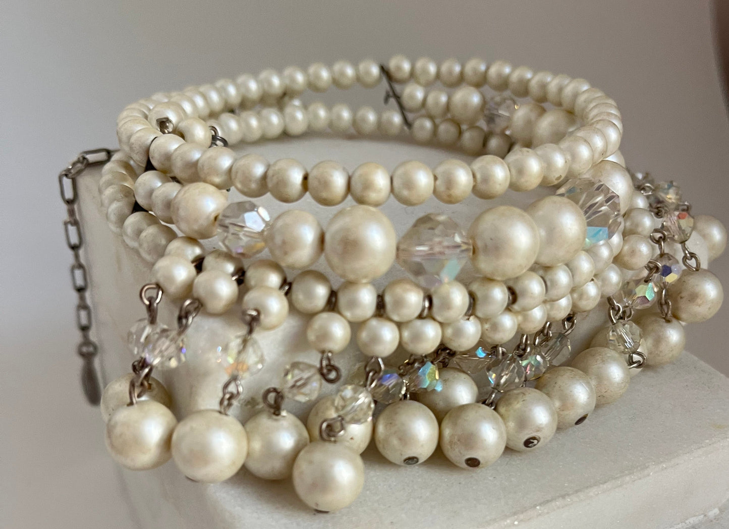 Vintage necklace choker statement faux pearl beads cut crystal 1950's