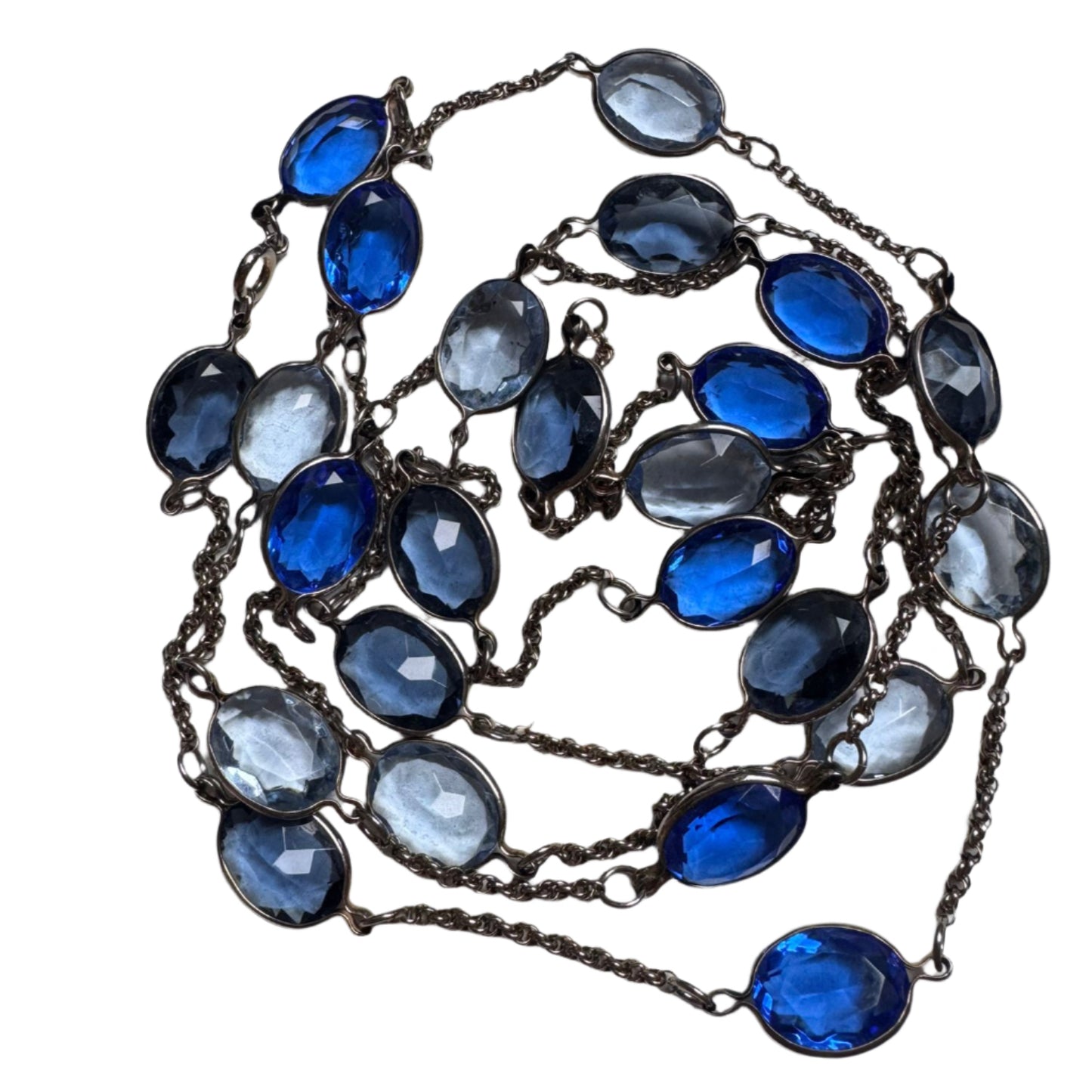 Art Deco necklace long sautoir cut blue crystal open back links