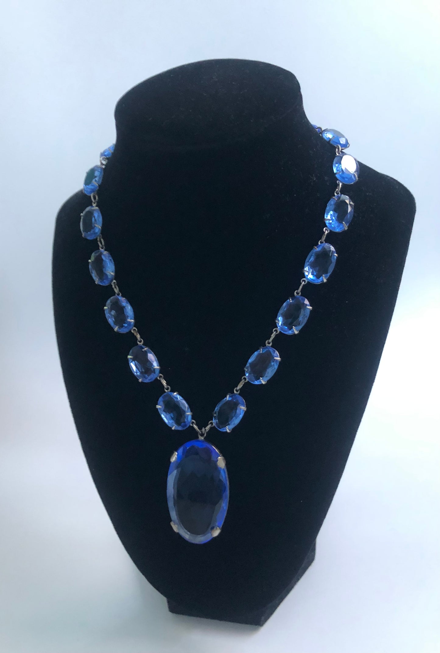 Art deco necklace open back crystal blue glass pendant