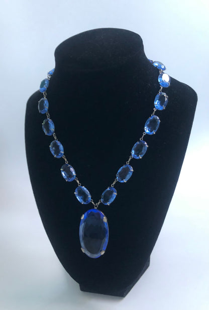 Art deco necklace open back crystal blue glass pendant