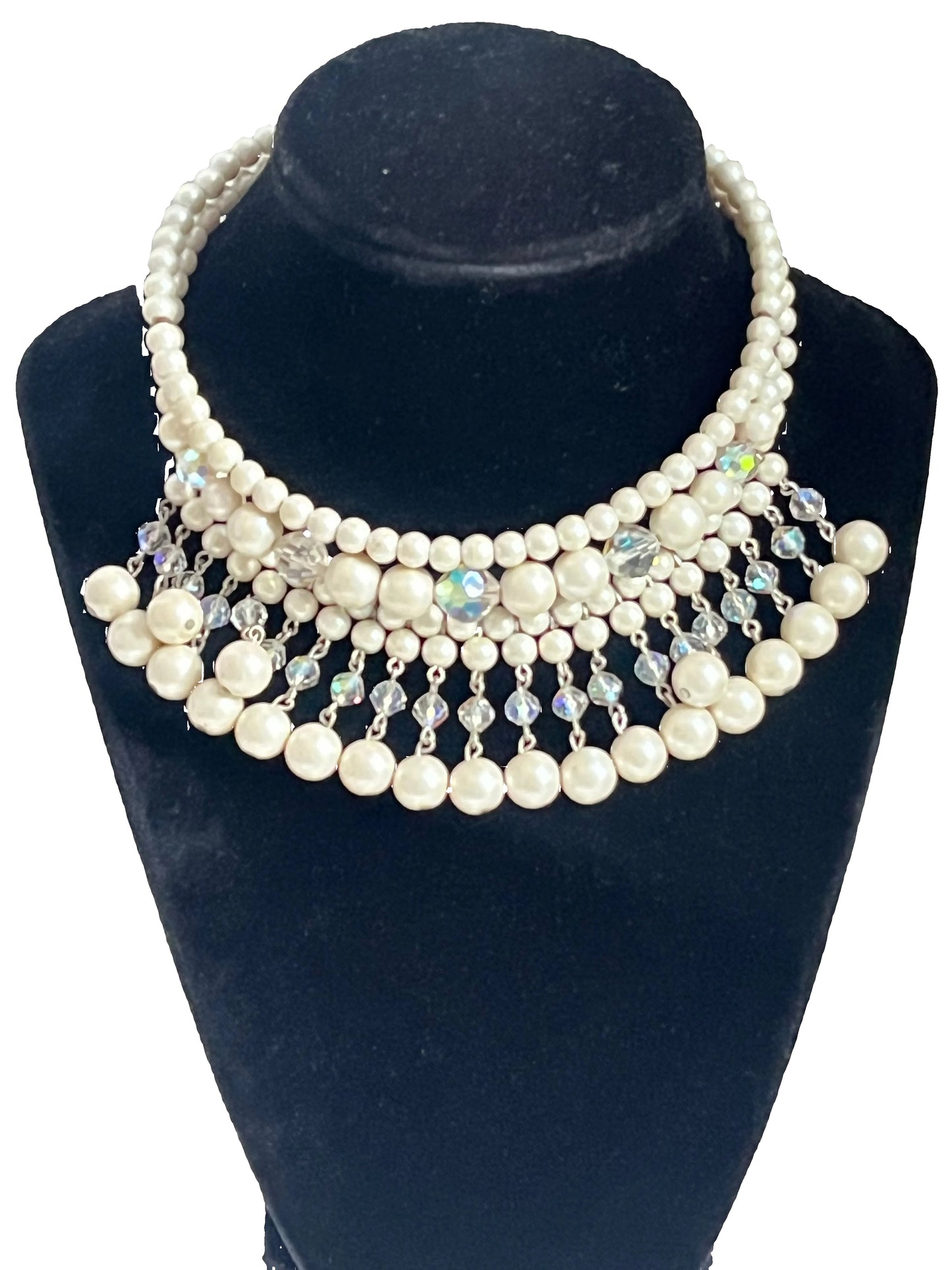 Vintage necklace choker statement faux pearl beads cut crystal 1950's