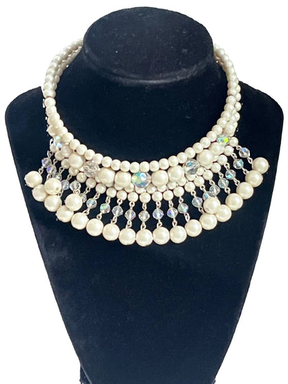 Vintage necklace choker statement faux pearl beads cut crystal 1950's