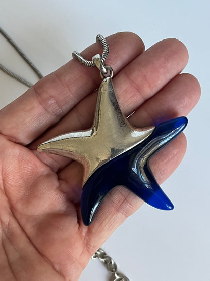 Vintage givenchy star necklace pendant blue lucite