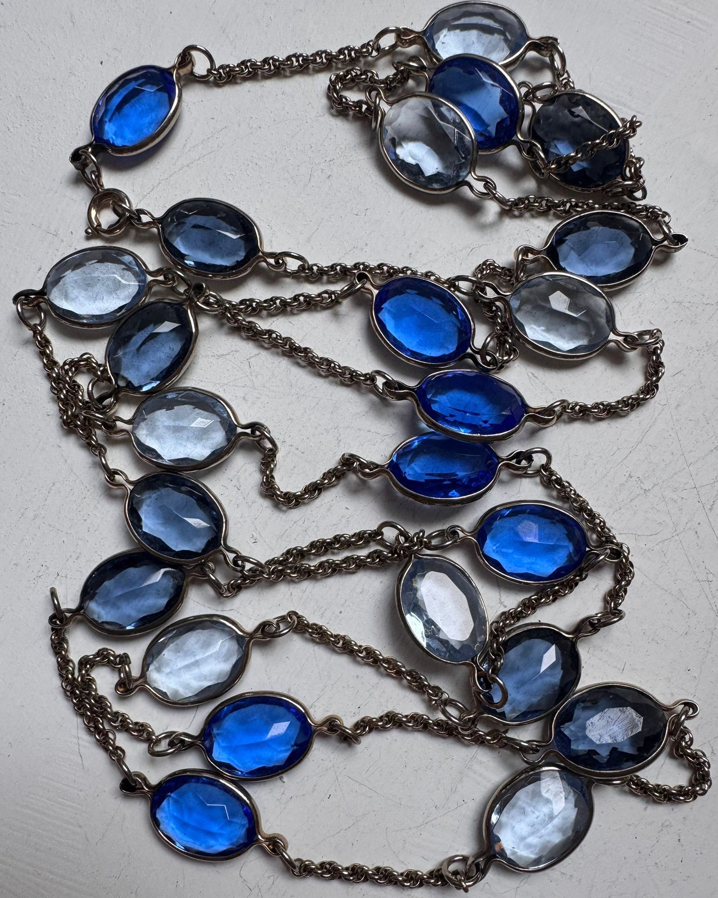 Art Deco necklace long sautoir cut blue crystal open back links