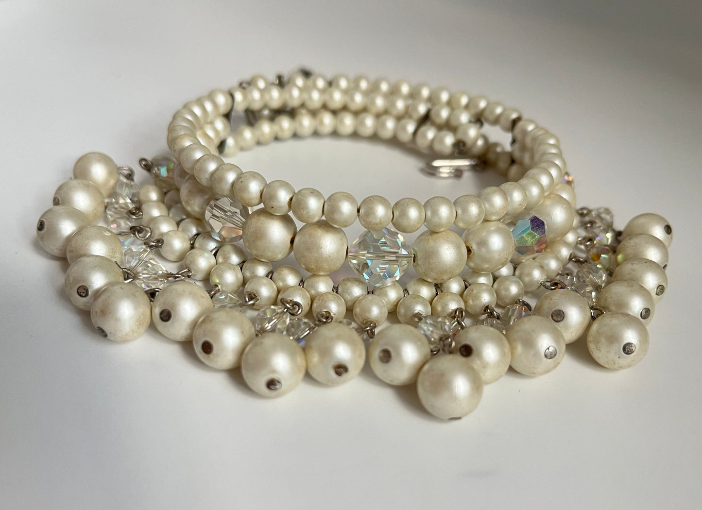 Vintage necklace choker statement faux pearl beads cut crystal 1950's