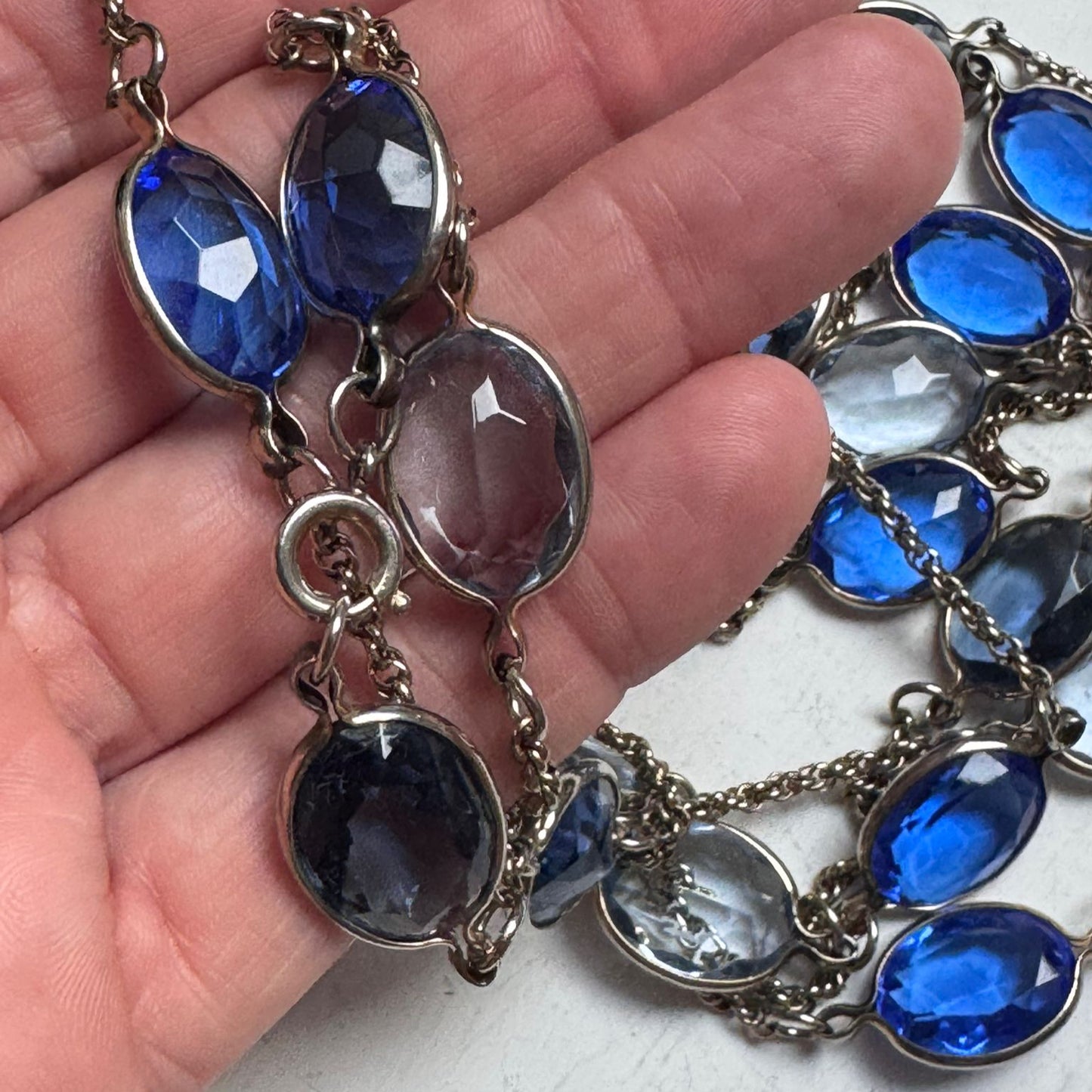 Art Deco necklace long sautoir cut blue crystal open back links