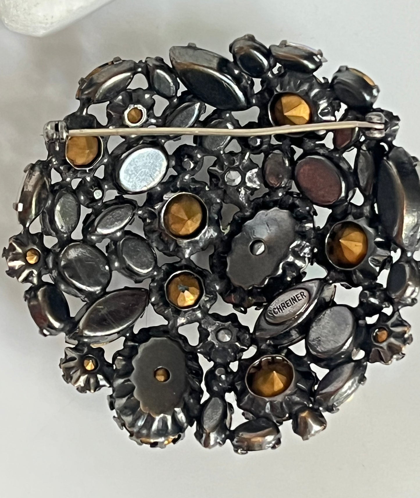Vintage Schreiner brooch ab crystal topaz rhinestones 1960's