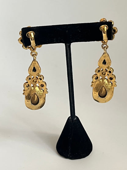 Vintage earrings clip on dangle yellow crystal