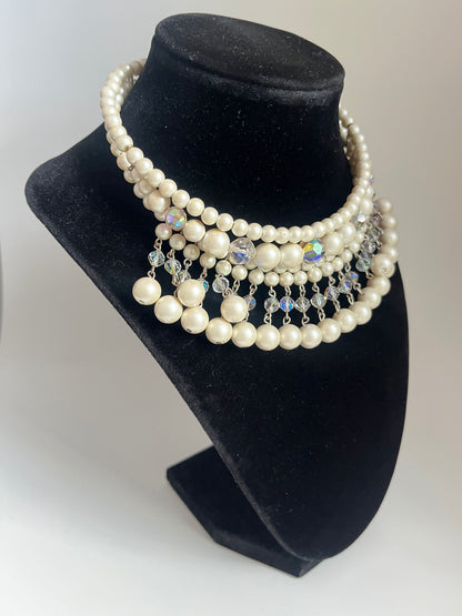 Vintage necklace choker statement faux pearl beads cut crystal 1950's