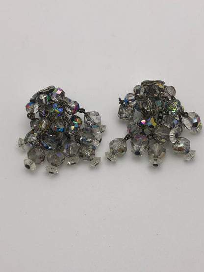 Vintage Cut Crystal Aurora Borealis Clip On Earrings