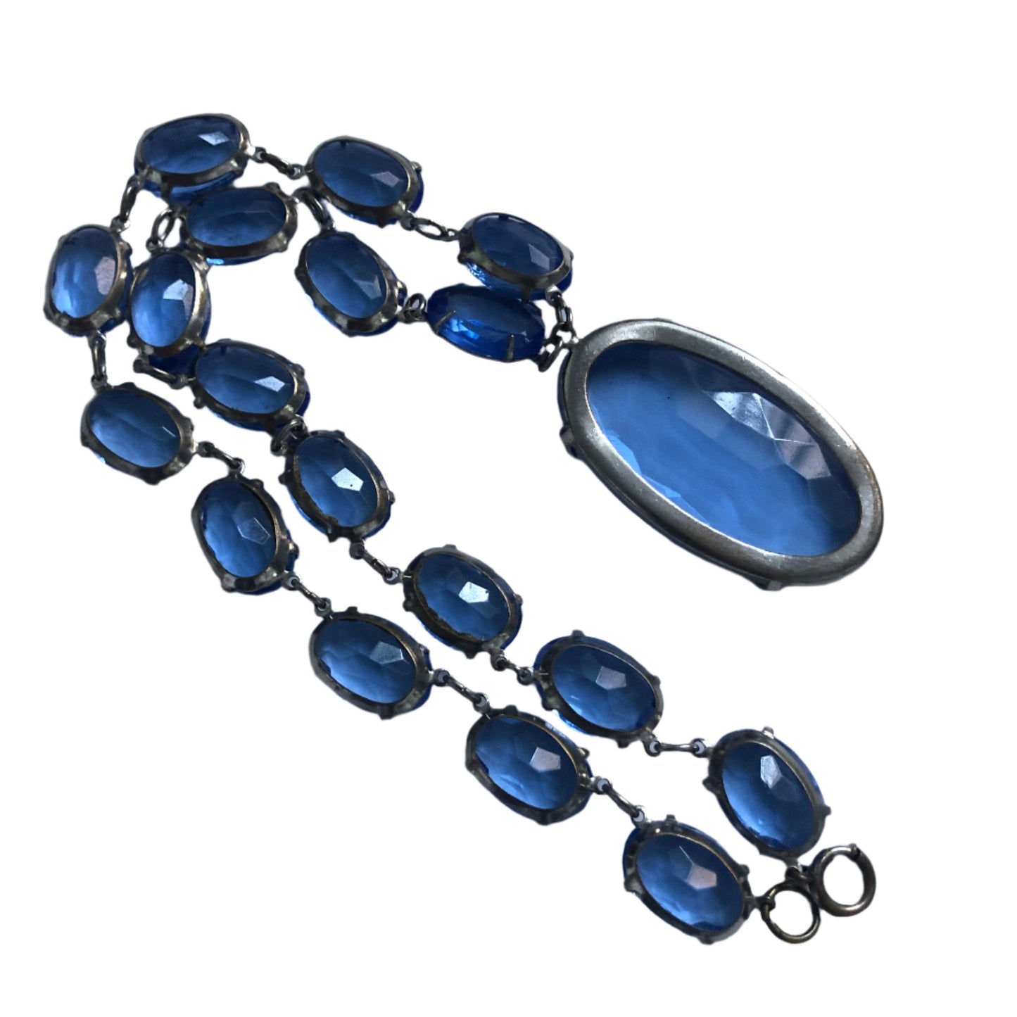 Art deco necklace open back crystal blue glass pendant