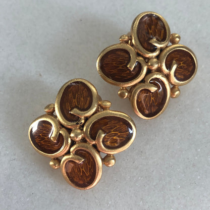 Vintage Oscar De La Renta earrings clip on logo brown  enamel