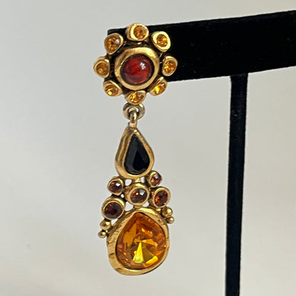 Vintage earrings clip on dangle yellow crystal