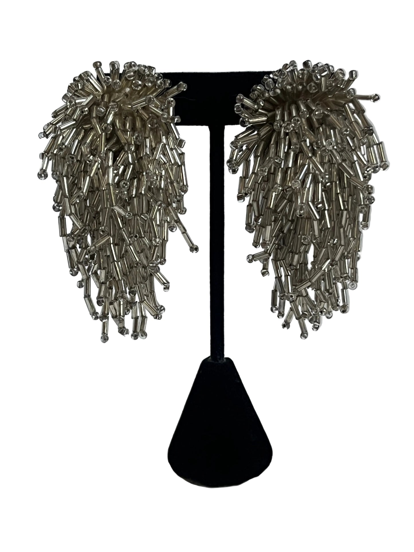 Vintage earrings clip on grey glass beads waterfall 1960’s